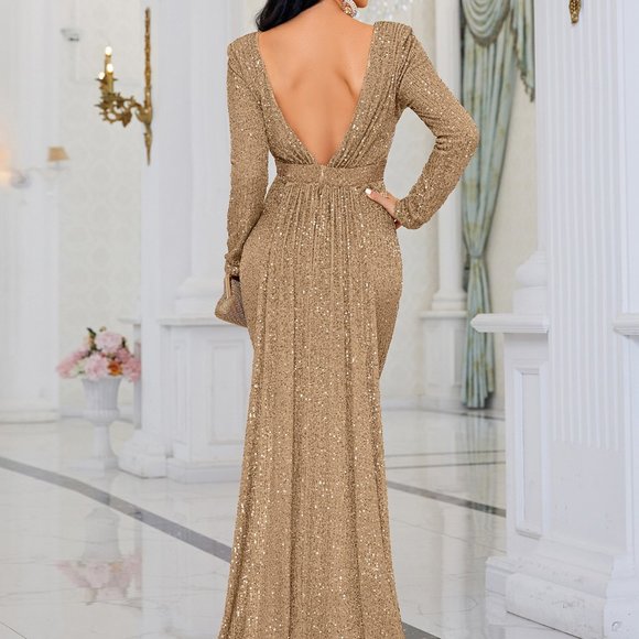 Brand New Open Back Mermaid Hem Sequin Formal Gown Gold - Picture 3 of 7